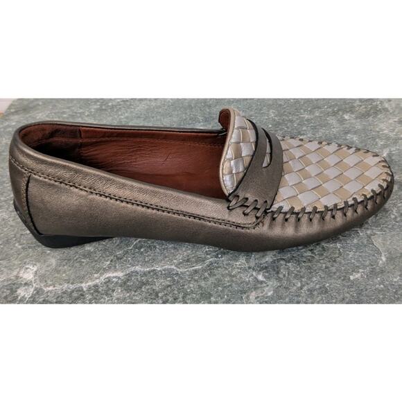 Robert Zur Womens Penny Loafers 6 Shoes Driving Woven Leather Bronze Gold White - Picture 10 of 13